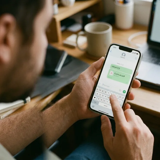 Pessoa enviando o código da vaga e o currículo em PDF pelo celular